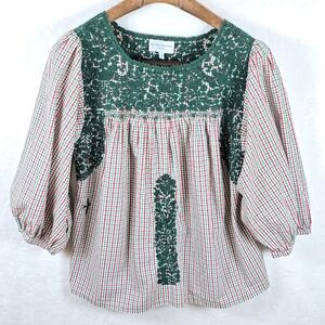 ​Mi Golondrina Specialty Gingham Artisian Embroidered Blouse Puff Sleeves Size M